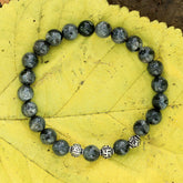 Black Labradorite Beaded Stretch Bracelet in Sterling Silver Om and Swastika Beads